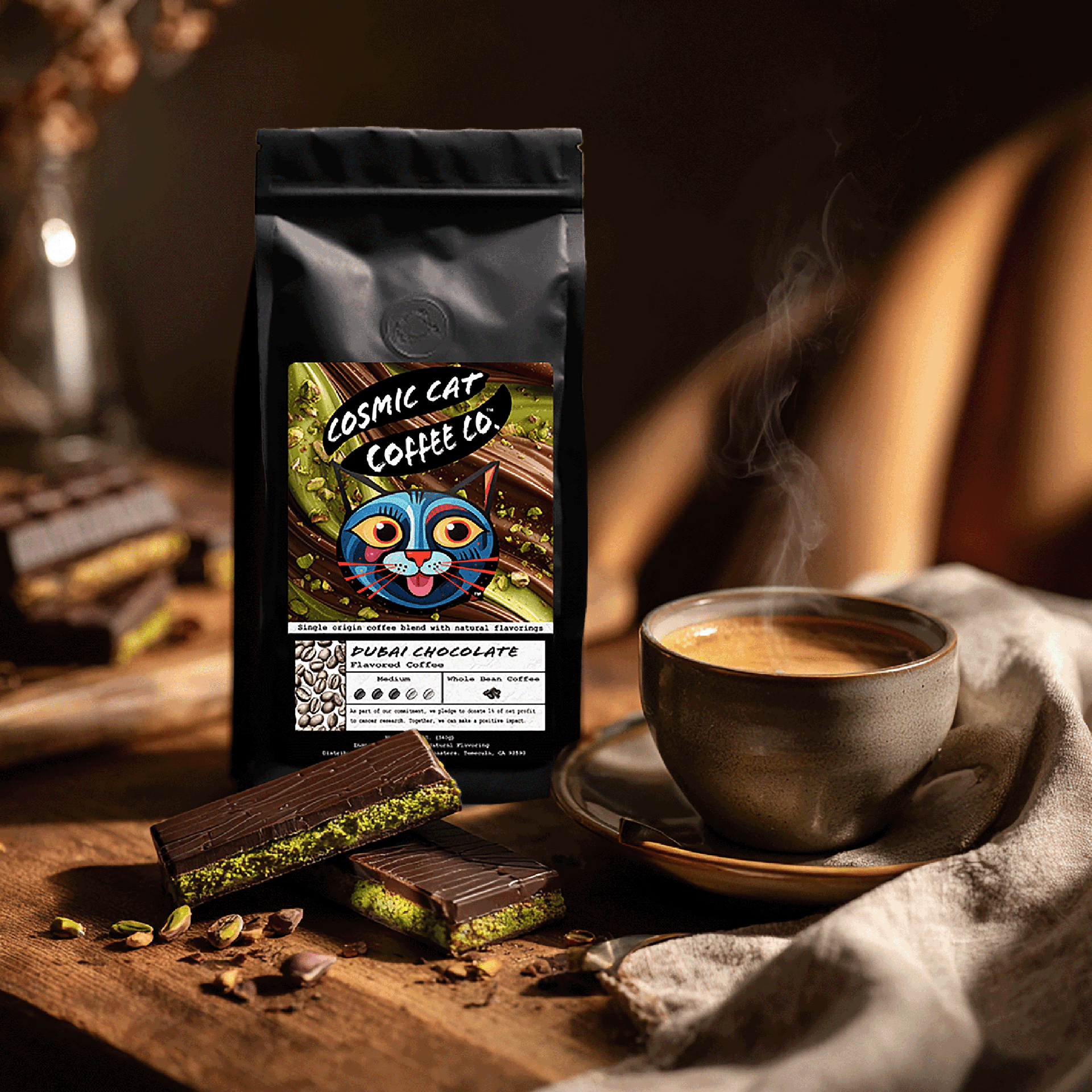 Dubai Chocolate Flavored Coffee – Cosmic Cat Coffee Co. Dubai Chocolate Flavored Coffee – Cosmic Cat Coffee Co.